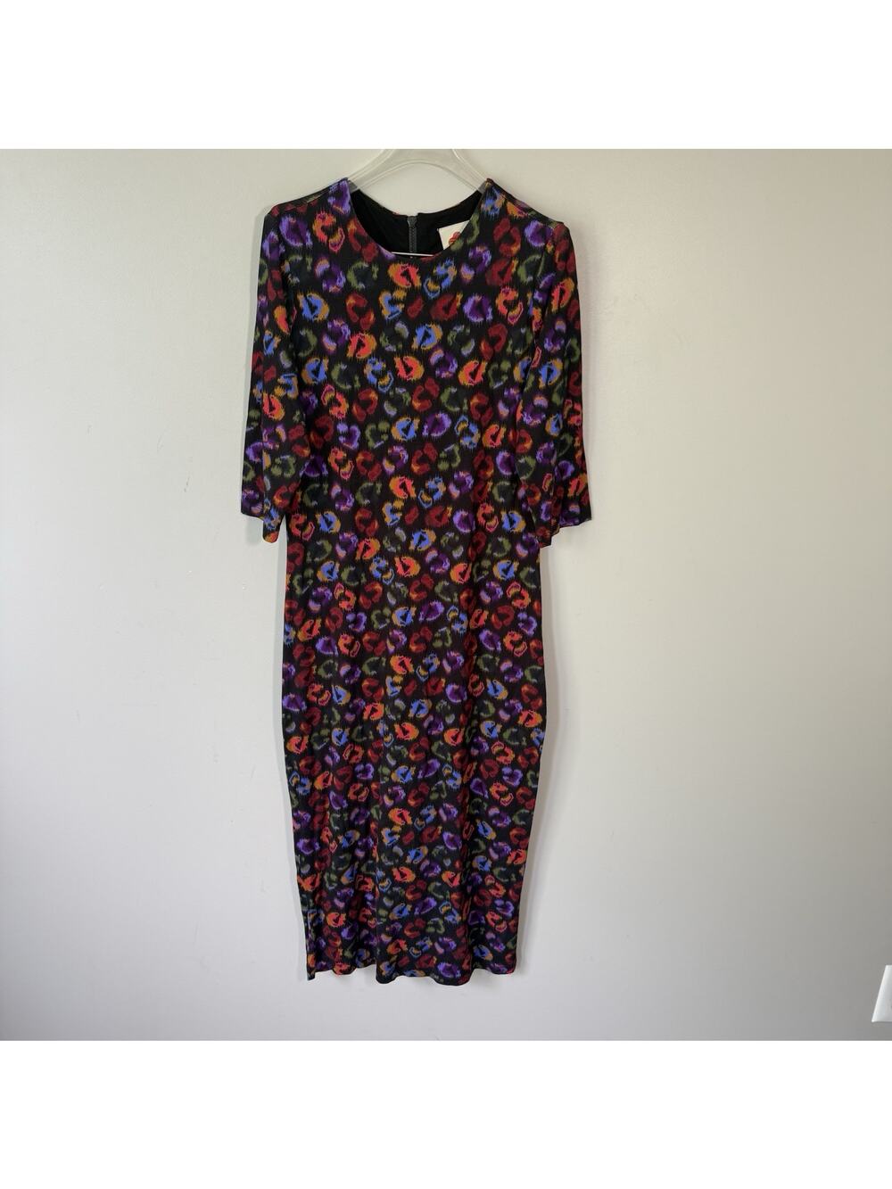 FARM Rio Dress Womens L Leopard Print Jersey Black Ikat Dyed Stretch Midi Pencil